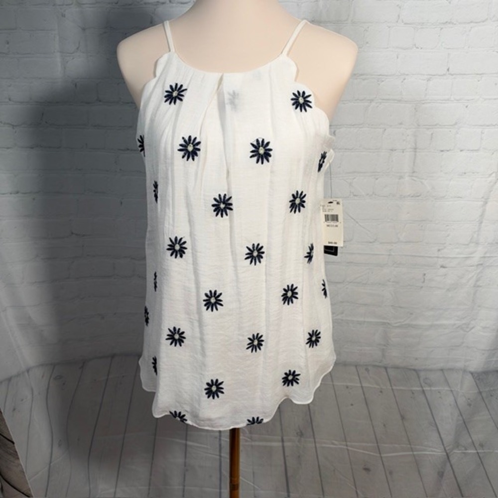 NWT A. Byer White Navy Floral Embroidered Scalloped High Neck Tank Top M